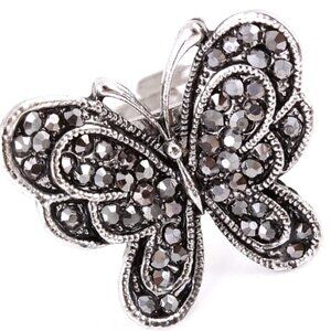 Womens Ladies Silver Adjustable Metamorphosis Marcasite Crystal Butterfly Ring